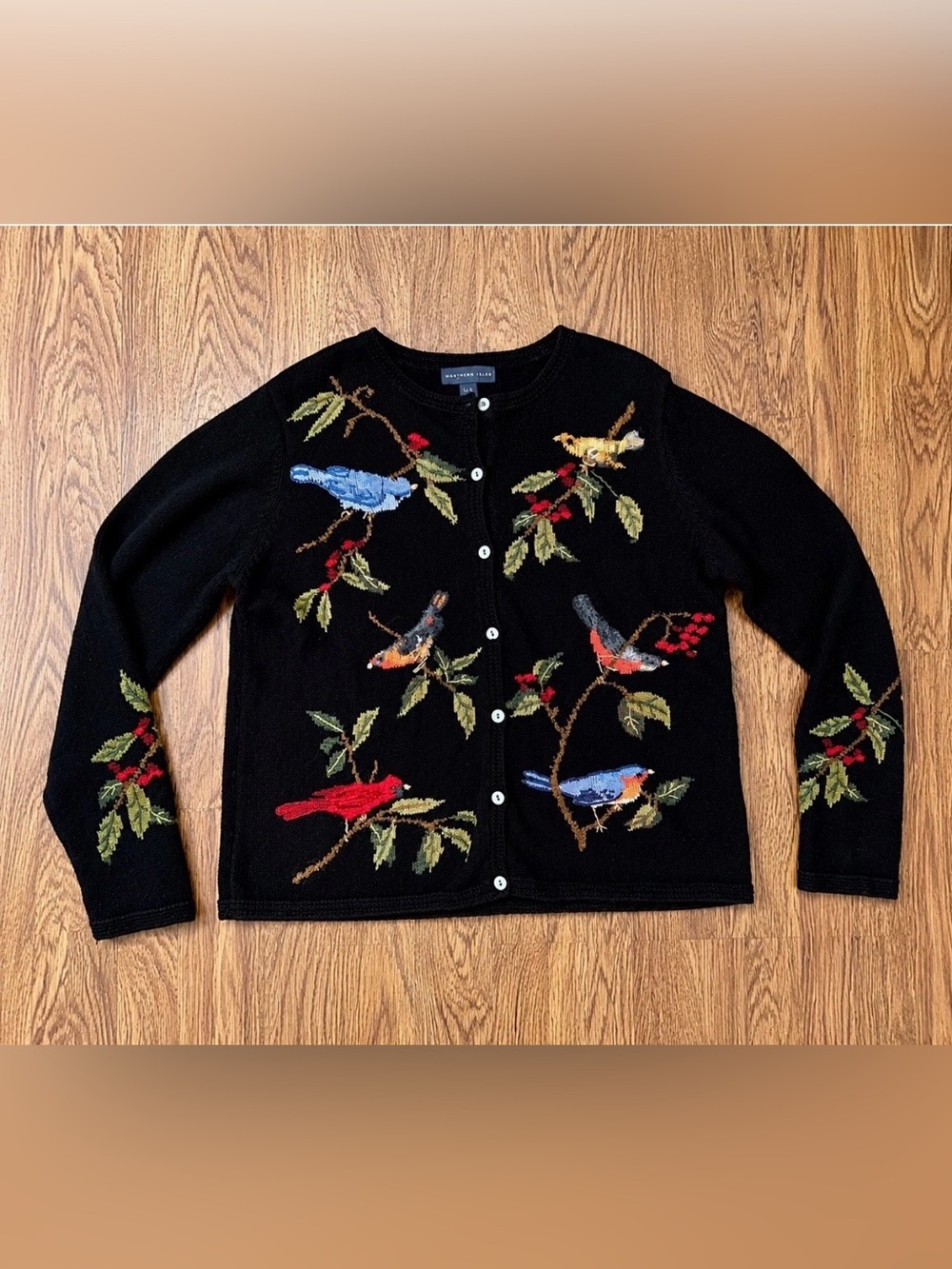 Northern Isles Cardigan Sweater Womens L Bird Embroidered Cardinals Bluebirds